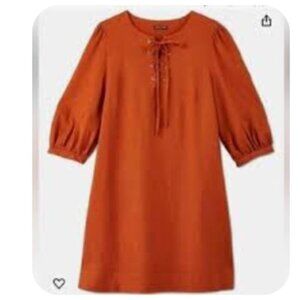 WHO WHAT WEAR Linen Tie Front Rust Orange Dress 3/4 Length Sleeves Fall Size S